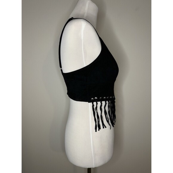 Poster Grl Dolls Kill RODEO TIES FRINGE BRA TOP Sz Large Faux Black Suede #1145 - Picture 4 of 9